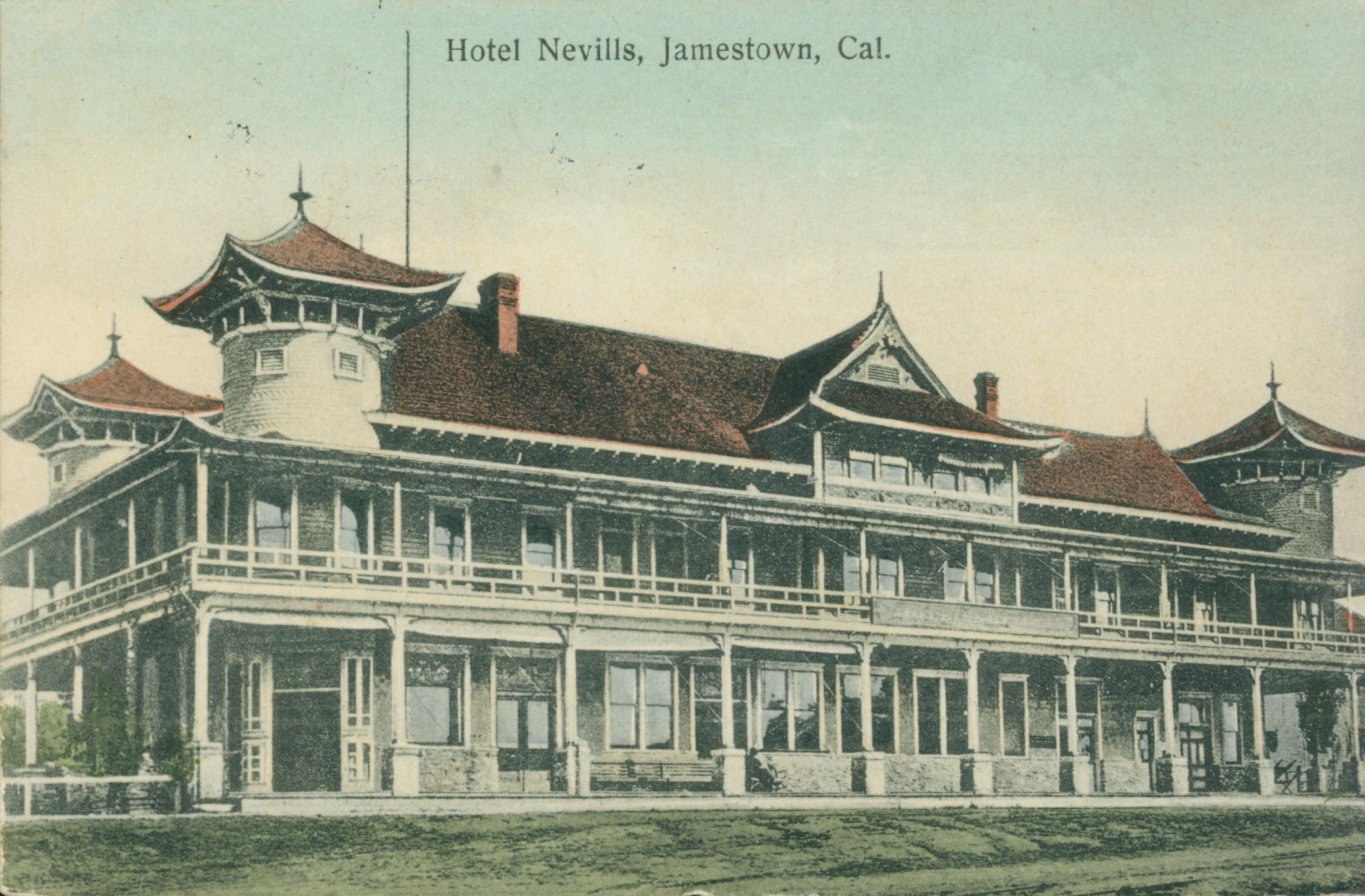 Shows the exterior of Hotel Nevills in Jamestown